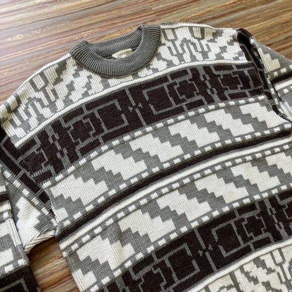 Porto Bello Pullover Knit Sweater Geometric White/Grey Acrylic Vintage 90s - Picture 3 of 6